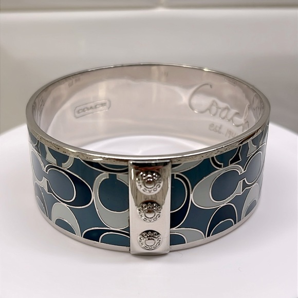 Coach Silvertone Bangle Bracelet with Blue Enamel Accents EUC - Picture 1 of 7